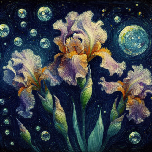 Three iris flowers surrounded by bubblesThree iris flowers surrounded by bubbles on the night background, painted in Van Gogh style.